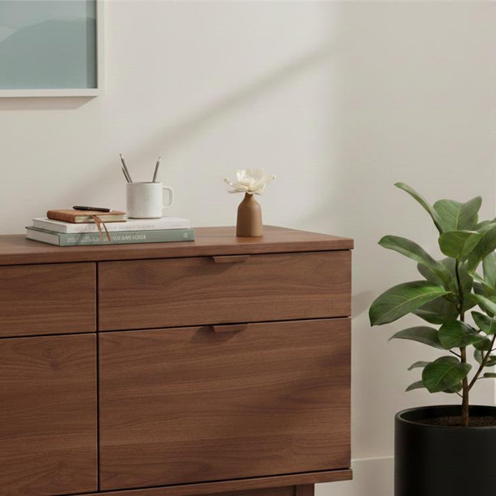 Brauner Blütendiffusor dekorativ in Wohnzimmer auf Kommode
