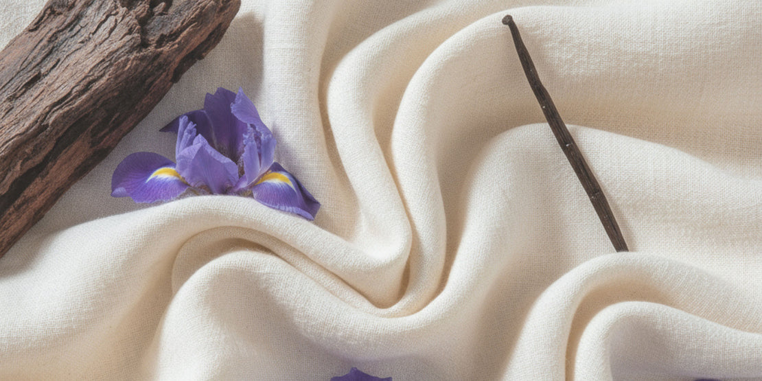 Vanilleschoten, Holz und lila Blüten auf weichem Stoff in Creme 