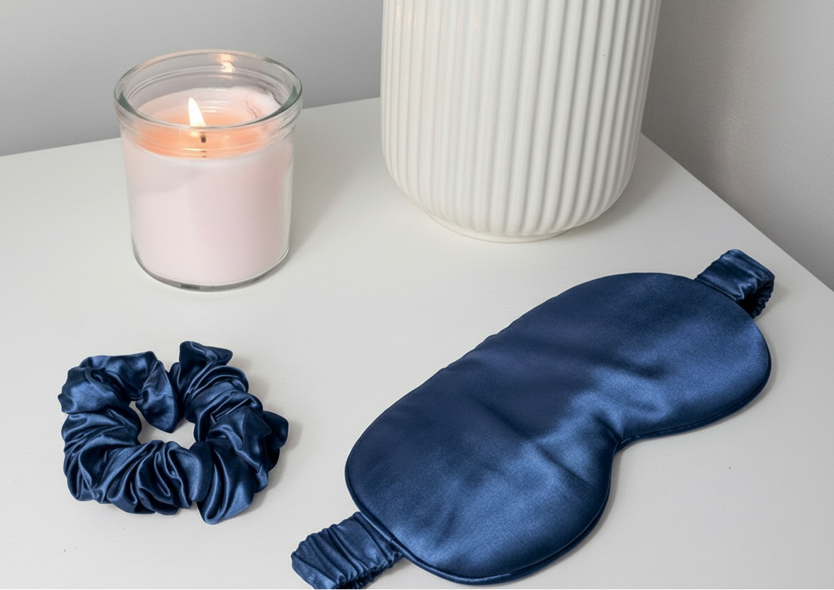Seiden Schlafmaske und Scrunchie Set in Nachtblau auf weißem Tisch, neben Duftkerze