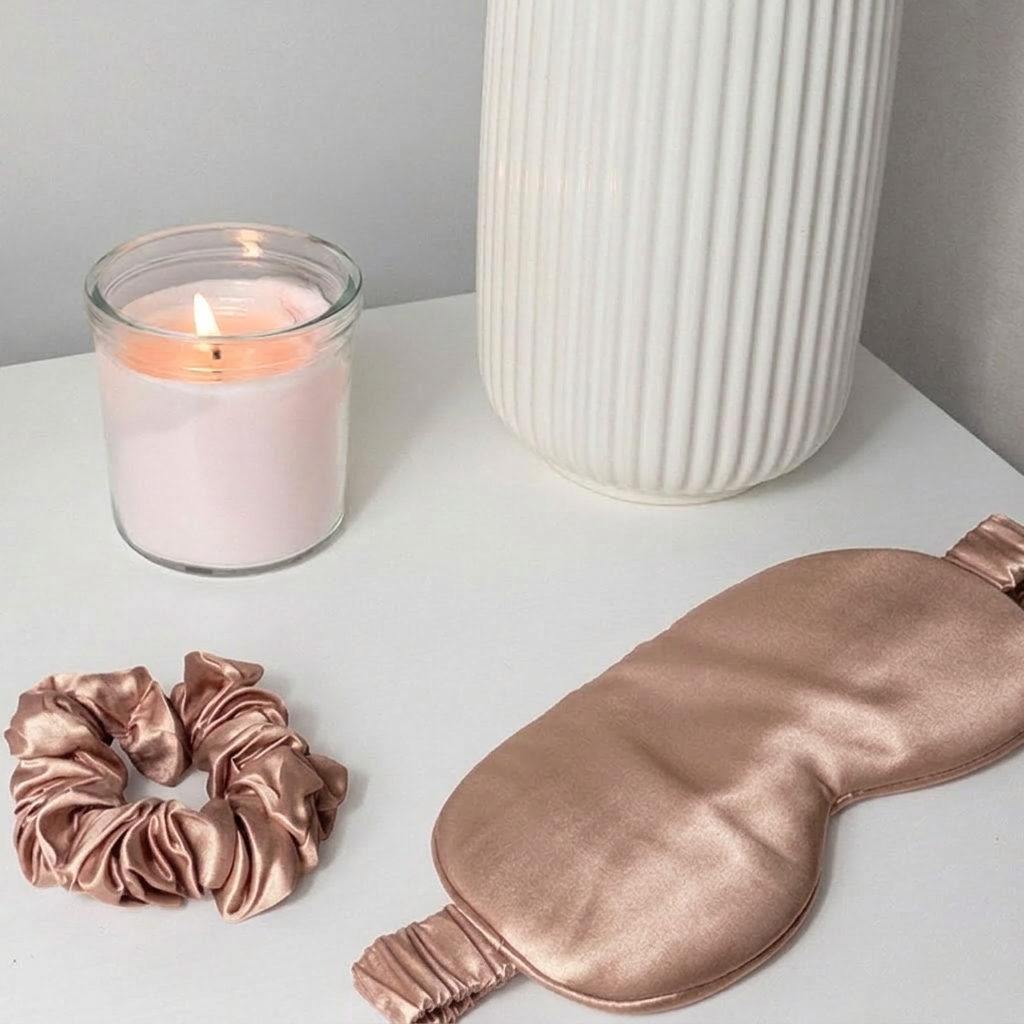Seiden Schlafmaske und Scrunchie Set Vintage Mauve auf weißem Tisch, neben Duftkerze