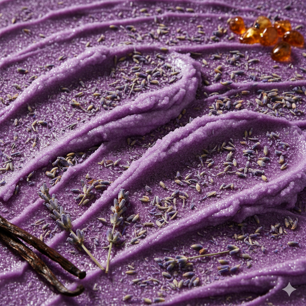 Lavendel und Vanille auf lila Oberfläche mit cremiger Textur
