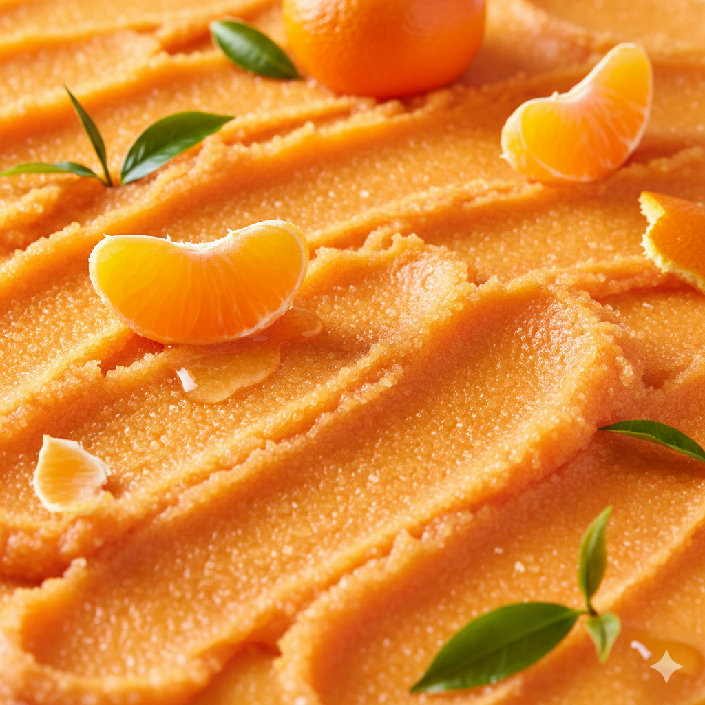 Mandarinen, Grünteeblätter und Öle auf orangener Oberfläche mit cremiger Textur