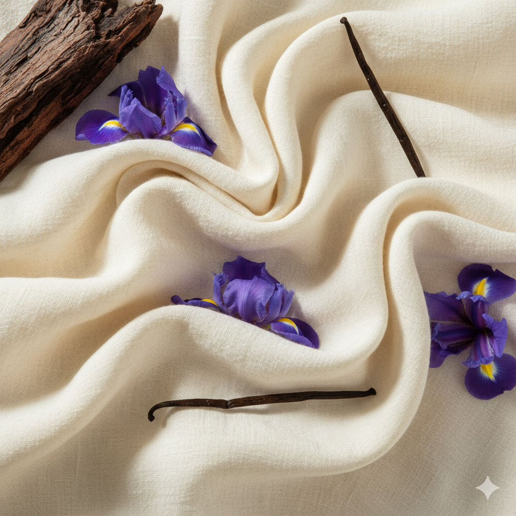 Vanilleschoten, Holz und lila Blüten auf weichem Stoff in Creme